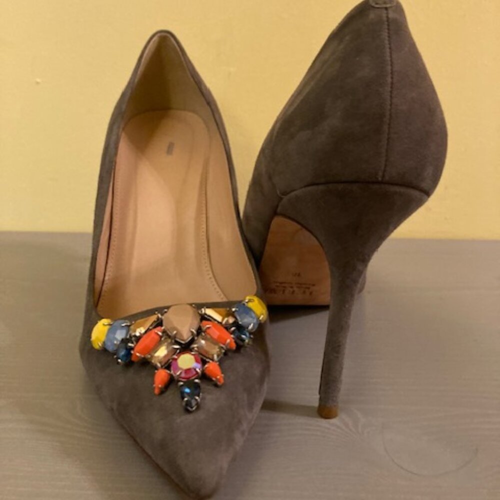 Vintage JCrew grey suede multicolored gems embellishment, size 9.5 - Picture 2 of 3